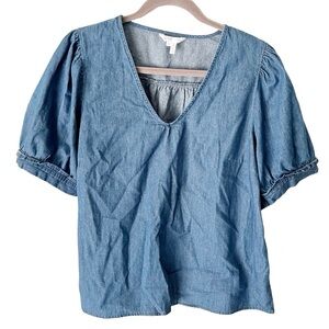 Draper James Top Women's Large Heidi V-Neck Blouse Chambray Classic Minimalist